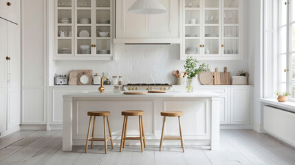 White modern kitchen in a house with a beautiful design.