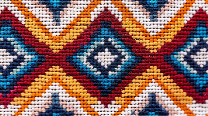 Ethnic geometric fabric pattern in cross stitch, featuring detailed motifs in natural colors