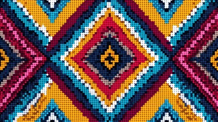 Ethnic geometric fabric pattern in cross stitch, featuring detailed motifs in natural colors