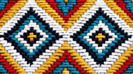Ethnic geometric fabric pattern in cross stitch, featuring detailed motifs in natural colors