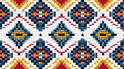 Ethnic geometric fabric pattern in cross stitch, featuring detailed motifs in natural colors
