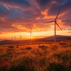 Obraz premium Wind Turbine Farm Golden Hour Sunset