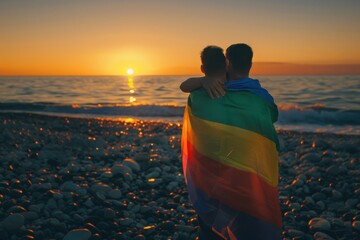 A couple stands wrapped in a rainbow pride flag on a rocky beach, admiring the sunset, depicting love, unity, and support within the LGBTQ community.