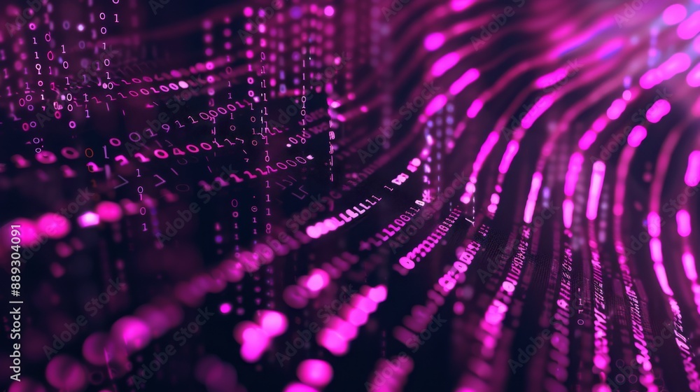 Poster Pink binary code streaks flow down a dark background, creating an abstract digital pattern.
