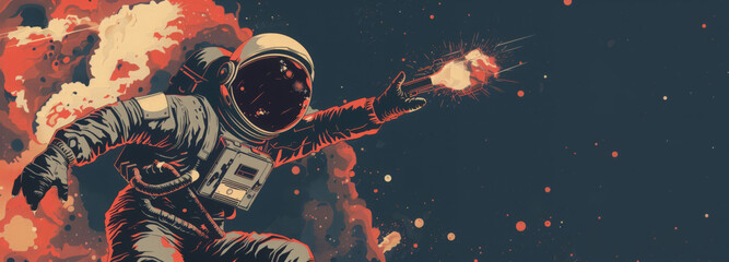 Obraz premium Astronaut in a space suit reaching out with one hand in a dark, star-filled space background, creating a sense of exploration. 