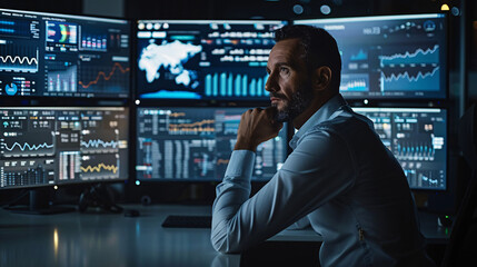 Fototapeta premium Businessman Analyzing Economic Indicators on Multiple Monitors with Copy Space for Text or Logos