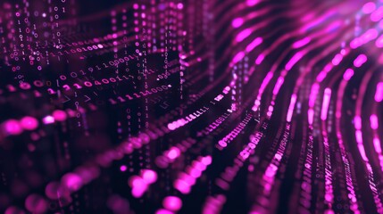 Pink binary code streaks flow down a dark background, creating an abstract digital pattern.