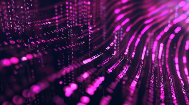 Pink binary code streaks flow down a dark background, creating an abstract digital pattern.