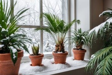 A fragment of the interior with potted indoor plants. Landscaping of the house. The concept of indoor plants and urban jungle.