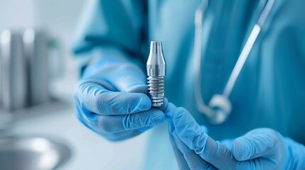 Fototapeta premium Modern, clean, dental implant held in doctor's hands wearing blue gloves