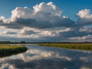 Tranquil landscape clouds mirrored on water surface