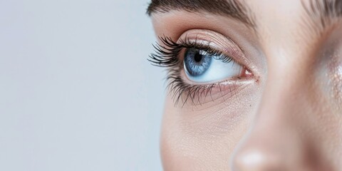 Fototapeta premium The image beautifully showcases a womans mesmerizing blue eye, accentuating her charm with luxurious eyelashes and glowing skin, embodying an essence of allure and sophistication