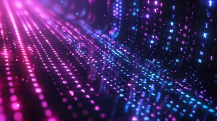 A digital background featuring lines of pink and blue lights, resembling binary code, against a dark background.