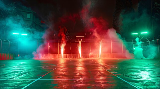 Neon green and red flares illuminate the basketball court, creating a vibrant atmosphere