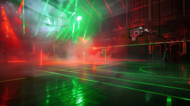 Neon green and red flares illuminate the basketball court, creating a vibrant atmosphere - Powered by Adobe