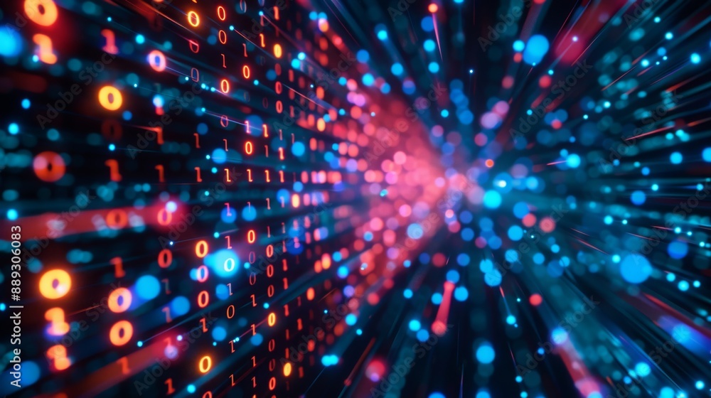 Poster A digital tunnel filled with binary code and glowing red and blue lights.