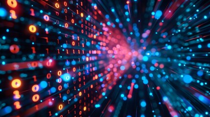 A digital tunnel filled with binary code and glowing red and blue lights.