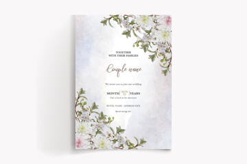 WEDDING INVITATION FRAME WITH FLOWER DECORATIONS AND FRESH LEAVES