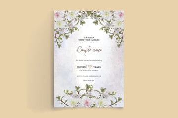 WEDDING INVITATION FRAME WITH FLOWER DECORATIONS AND FRESH LEAVES