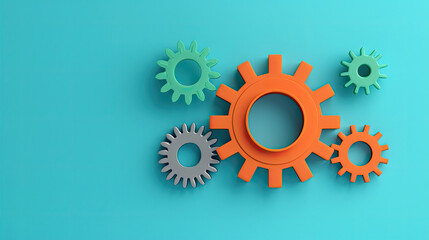 3D rendering of colorful gears on blue background.