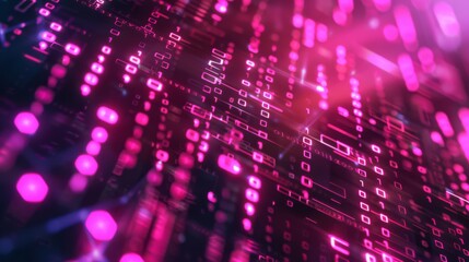 A close-up abstract image of pink binary code numbers and digital lines on a black background.