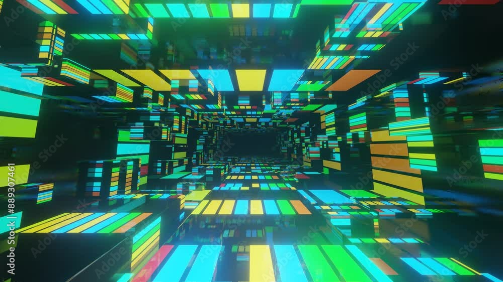 Poster multicolor tunnel. fly through mirror tunnel with neon pattern, glow lines form sci fi pattern. brig