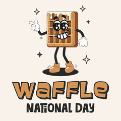 National waffle day banner template. Groovy waffle character in retro style. Holiday concept. Sweets mascot character. Design for background, banner, placard, card, and web. Bakery pastry product 