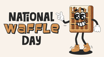 National waffle day banner template. Groovy waffle character in retro style. Holiday concept. Sweets mascot character. Design for background, banner, placard, card, and web. Bakery pastry product 