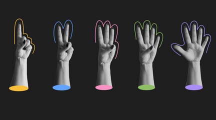 Set of trendy halftone hands collage. Retro halftone elements. Hands show with different gestures. Hands show one, two, three, four, five. Vintage vector set. Template for banner, poster, card.