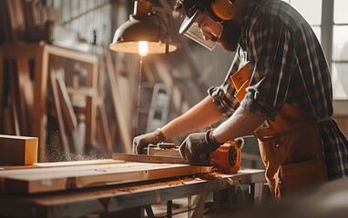 Carpenter working in his garage with some wood