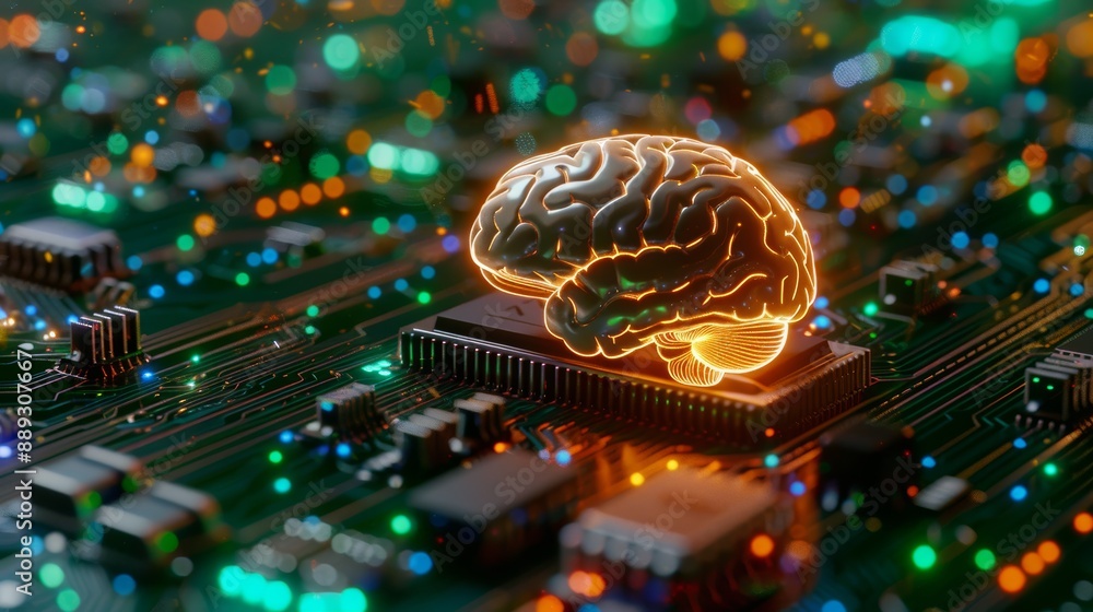 Poster big data, engineering, cybersecurity, and programming futuristic brain, technology, or neon circuit 