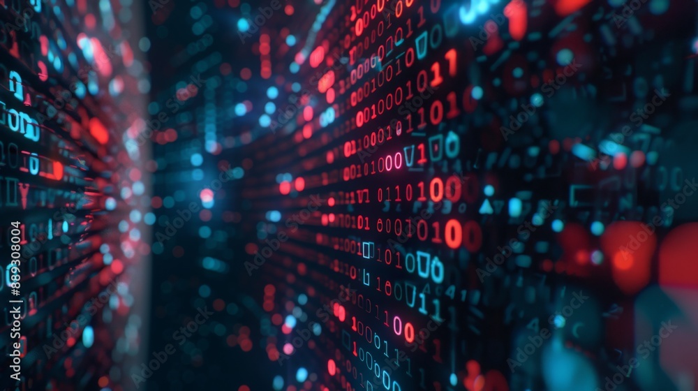 Poster A close-up shot of binary code streaming across a screen, with glowing red and blue lights.