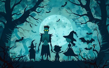 Halloween characters in the woods with fullmoon cartoon cool style 