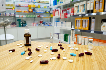 Drug medicines on table in a Pharmacy
