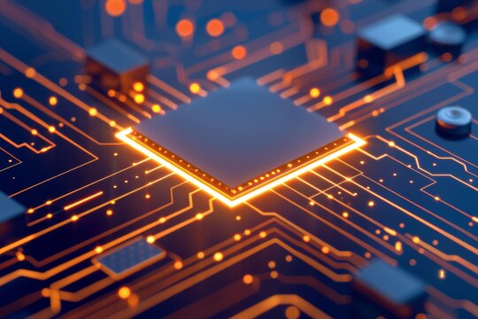 Quantum computer chip with glowing qubits, intricate circuit board, futuristic laboratory