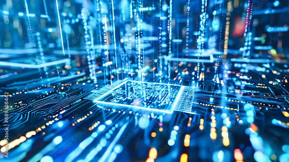 Poster close up of an advanced microchip with data flowing through it