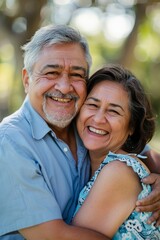 Sunlight retirement couple portrait and hug in park, garden, and nature for love, care, and happiness. Happy guy, lady, and senior marital partner enjoying time outdoors.