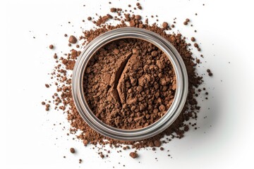A jar of chocolate powder sitting on a clean white surface, ready for use in baking or cooking