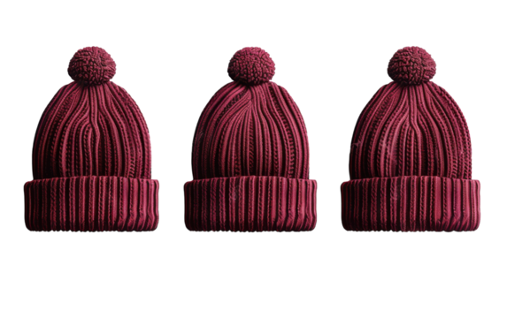 Three Red Knitted Pom Pom Hats Isolated on White Background