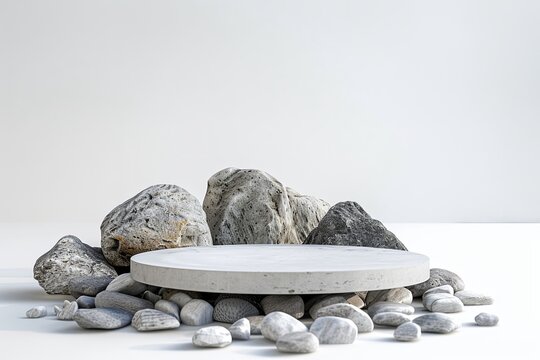A scene that is minimalist and white featuring a circular platform and rocks