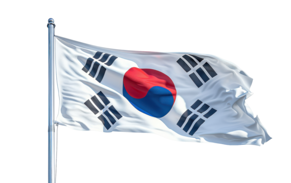 South Korean Flag Waving in the Wind Against White Background
