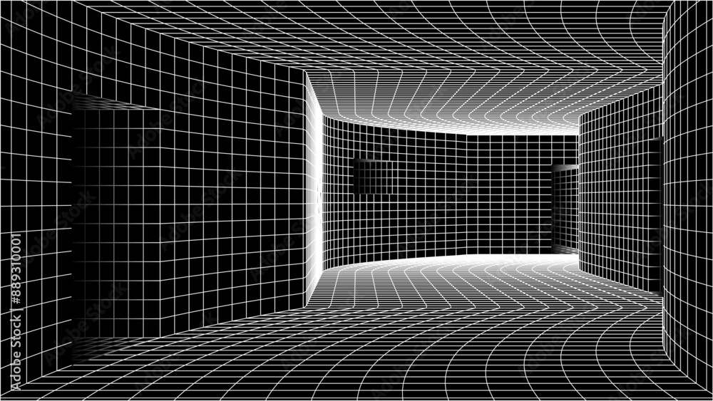 Poster Abstract y2k styled computer background. Sci-fi architecture interior with retro lines. 00s or retrowave, grid room