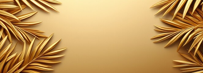 Luxury golden mockup background with palm branches. Gold banner backdrop. Elegant colorful template. Bright abstract gradient wall. Cannes Film Festival concept. Copy space, place for text.