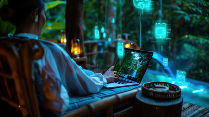 High-End Treehouse Suite for Bleisure Travelers Surrounded by Lush Jungle, Designer Outfits, and Nature Views with Hologram Message Icons on Laptop