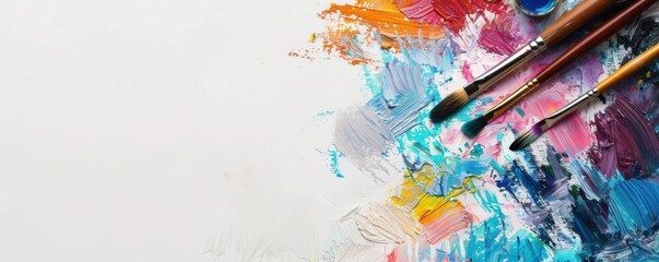 Fototapeta premium Polished artist brushes and vivid palettes on a minimalist, clean space, high resolution, modern and elegant