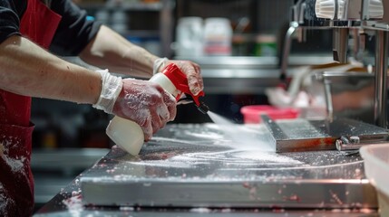 Close-up of a worker sanitizing a meat slicer with a disinfectant spray in a butcher shop. High-resolution, cleanliness, food safety practices, butcher hygiene, clean equipment