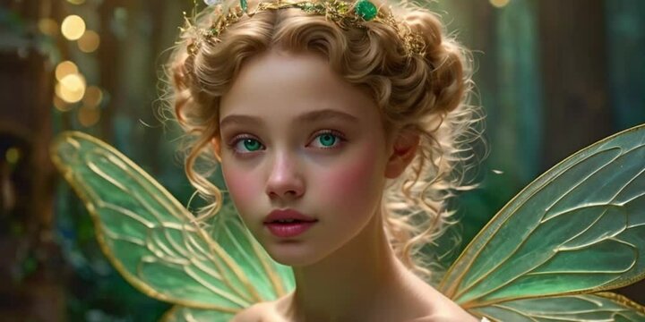 A fairy princess with wings, golden curls, rosy cheeks and green eyes. This painting is enchanting and alluring. The artist's attention to detail and colors make this a masterpiece
