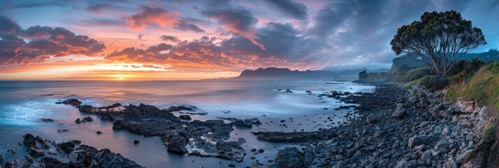Fototapeta premium Stunning sunrise over rugged Otara coastline, rocky beach, distant mountains, long exposure, perfect composition, Nikon D850 camera.