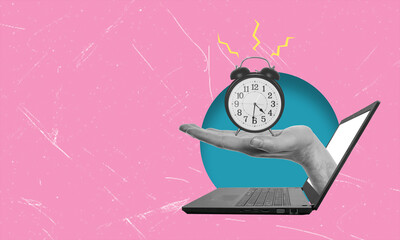 Contemporary art collage depicting a hand with an alarm clock, climbing out of a laptop.
