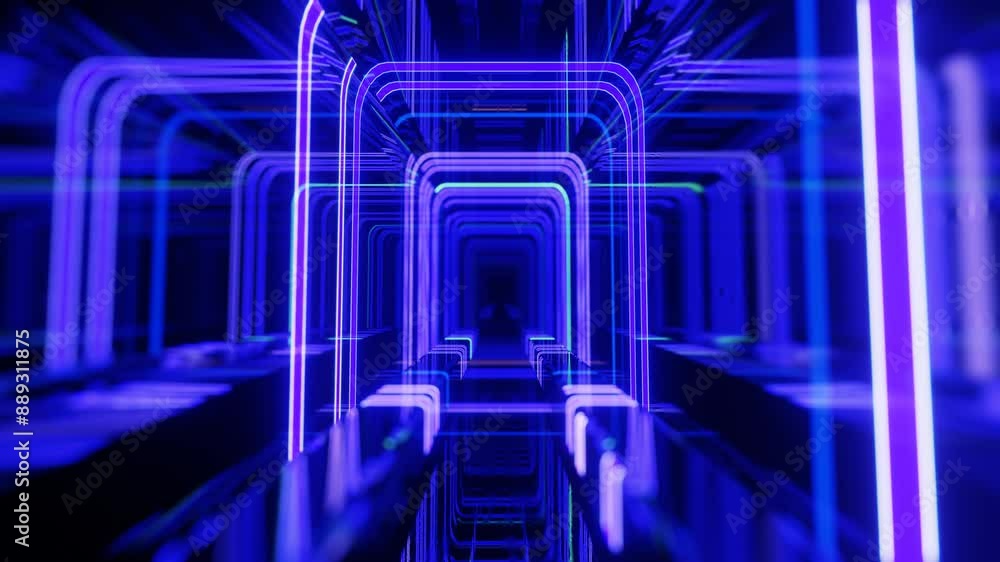 Poster 4k seamless looped animation. fly through mirror tunnel with neon pattern, glow lines form sci fi pa